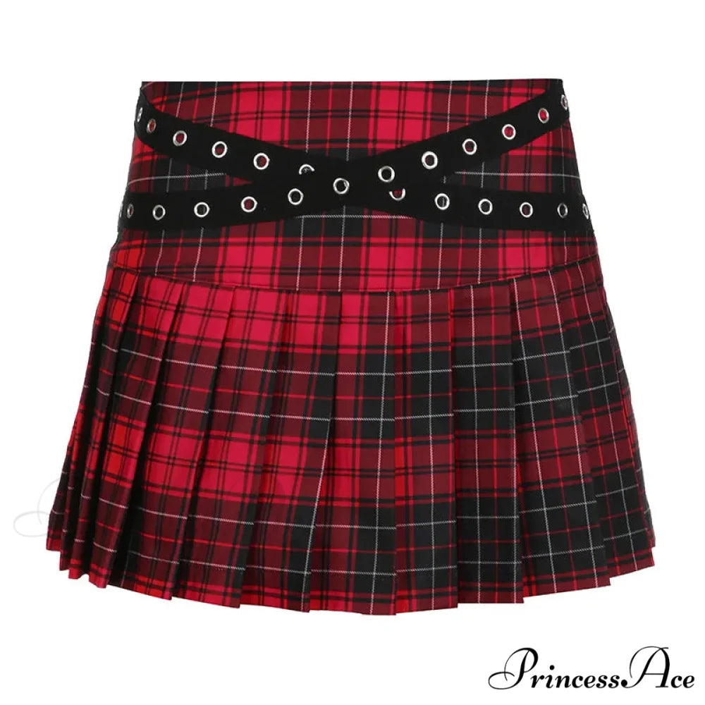90s Grunge Streetwear Plaid Mini Gothic Eyelet Strap Pleated Y2k Techwear A-line Skirt Red / S