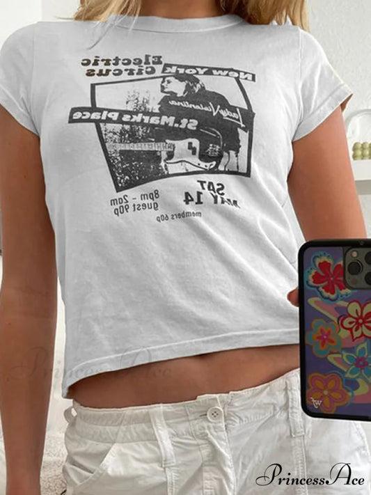 90s Short Sleeve Trendy Crop Blouse - Black White / ONE SIZE