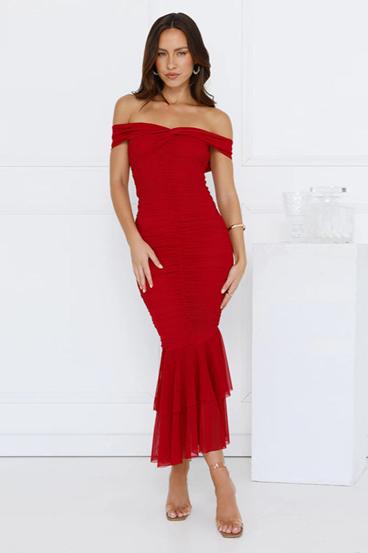 Ruched Double Layer Fishtail Maxi Dress