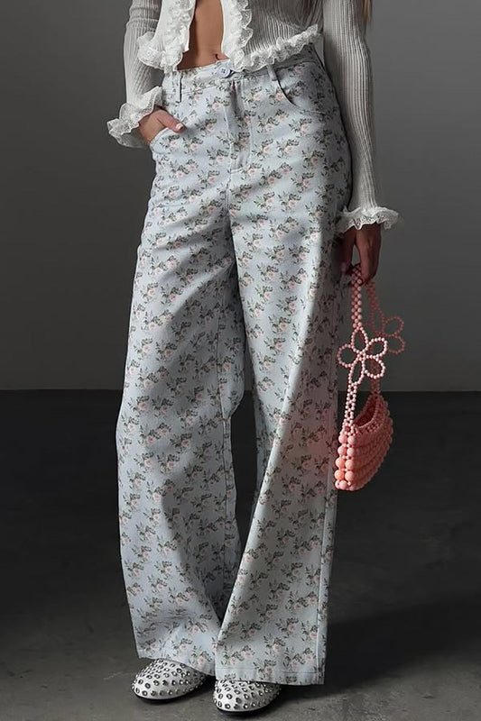 High Waist Printed Light Blue Jean