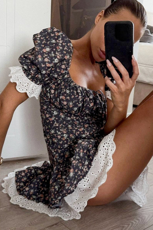 Lace Patch Floral High Waist Mini Dress