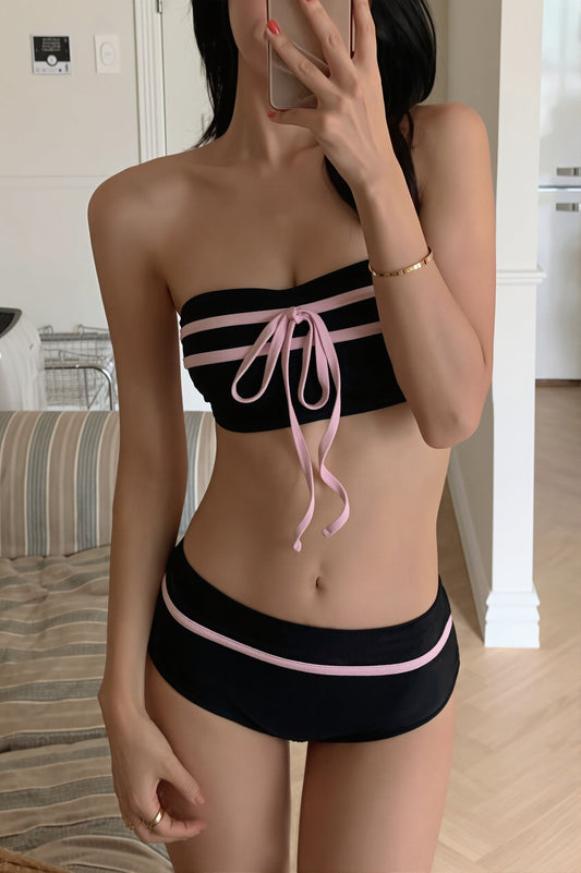 Bandeau Color Block Bow Sweet Bikini Set