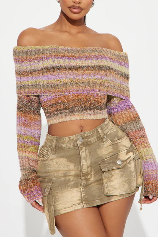 Vintage Color Block Off Shoulder Blouse