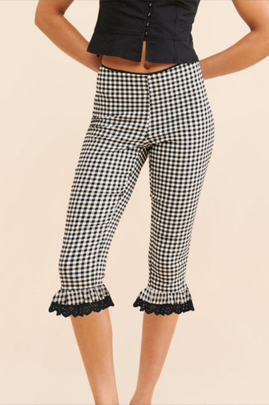 Plaid Lace Ruffle Cropped Skinny Pants