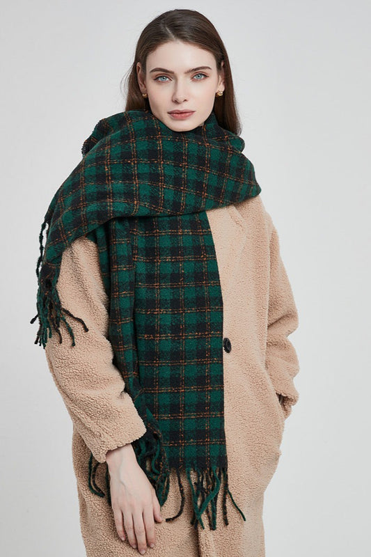 Oversized Fringe Plaid Christmas Scarf