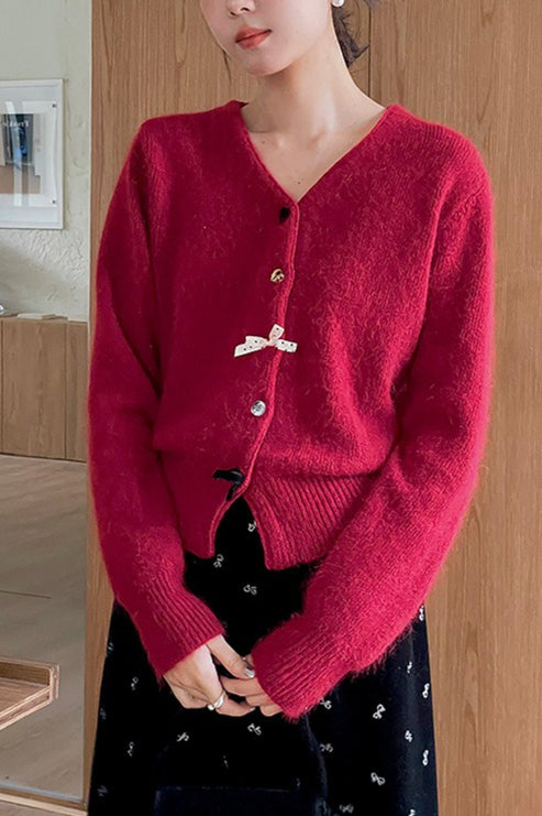 V Neck Bow Detail Button Christmas Cardigan