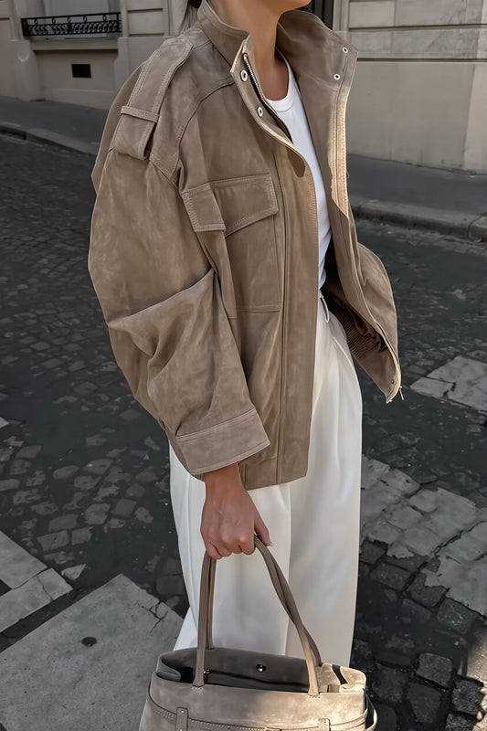 Suede Look Stand Collar Utility Bomber Jacket