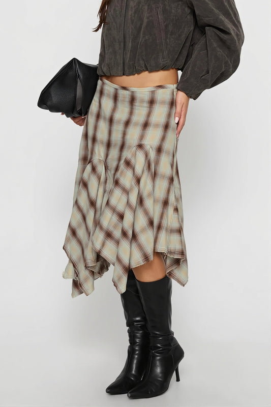 Plaid Asymmetric Wrap Midi Skirt