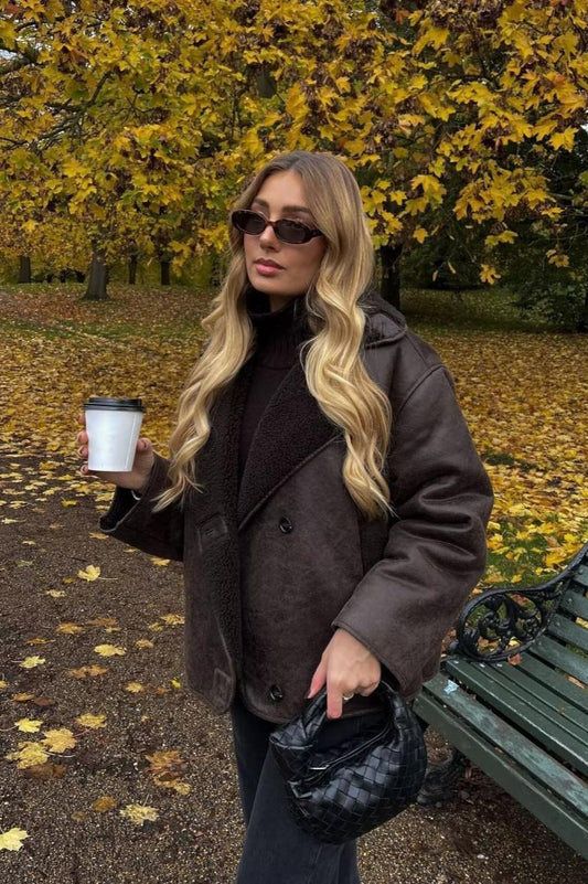 Oversized Shearling Collar Faux Suede Jacket