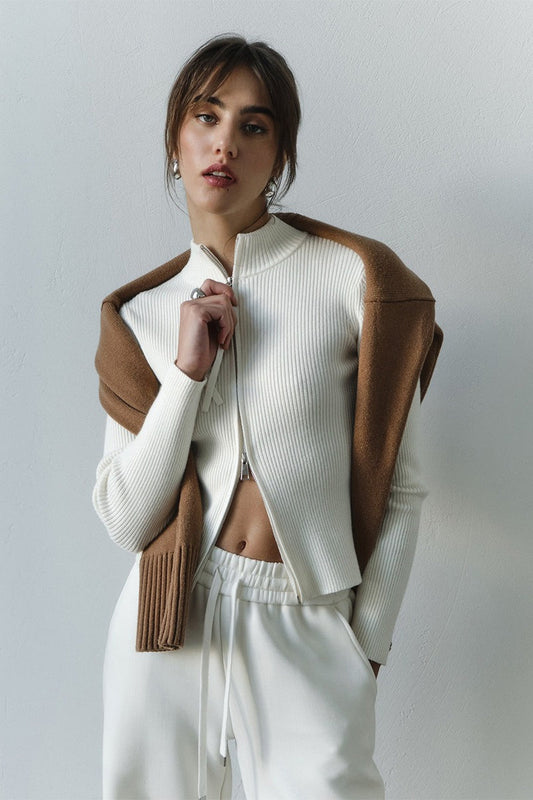 Knit Double Zipper Stand Collar Blouse