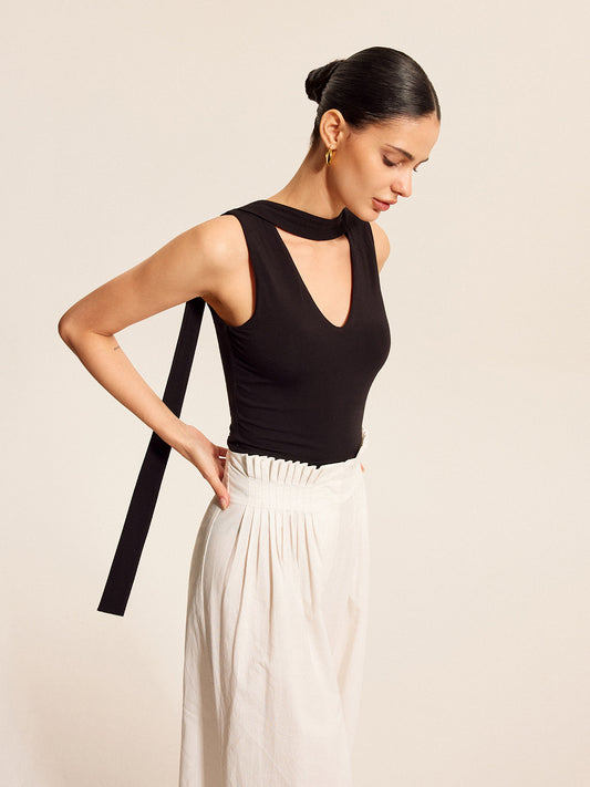 V Neck Top With Scarf Style Neck Tie Black / XS Tank Tops & Camis