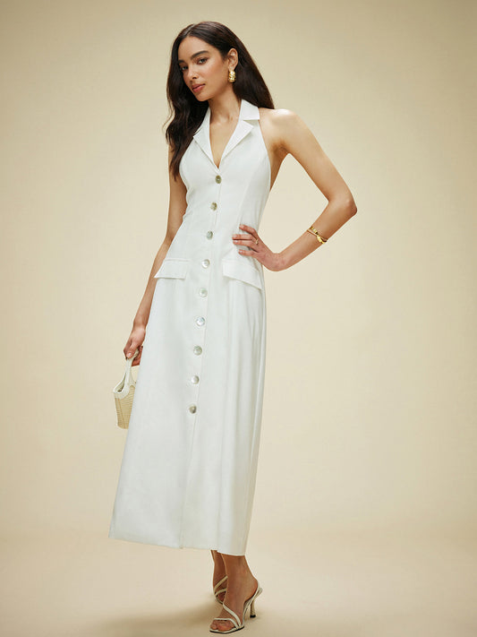 Cotton & Linen Pocket Detail Halter Neck Tie Back Dress Dresses