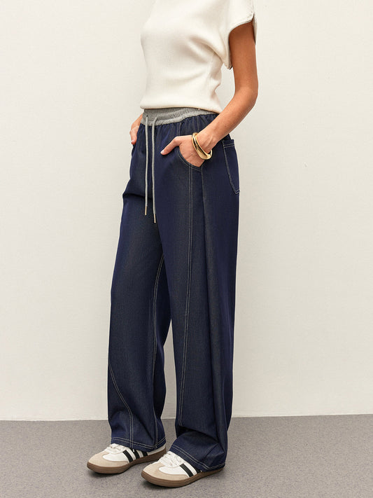 High Waist Drawstring Denim Pants With Pockets Pants