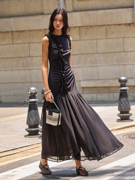 Ruffled Detail Ruched Front Maxi Dress Black / XS Dresses