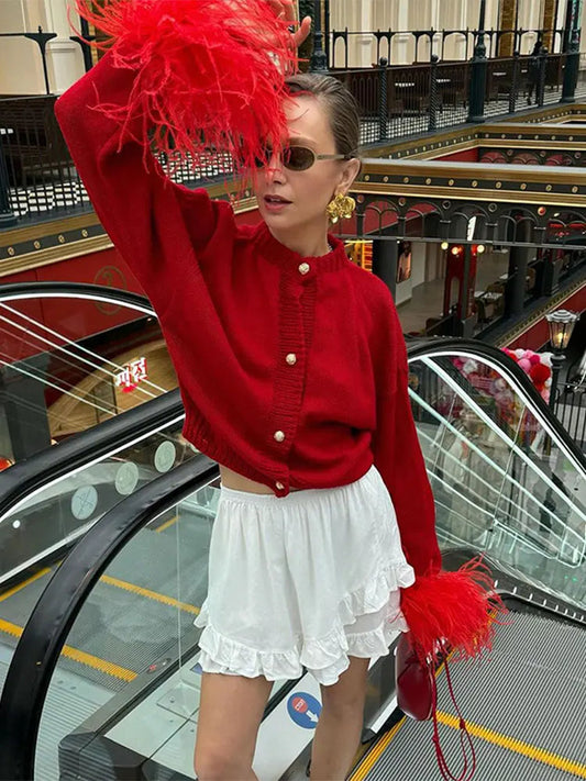 Feather Knitted Cardigan Christmas Sweater Red / S Sweaters-L