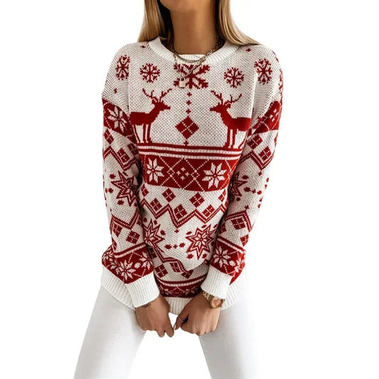 Deer Print Casual Loose Long Sleeve O Neck Warm Jacquard Knitwear Christmas Sweater Red / S