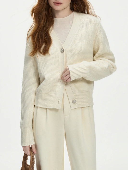 Elegant V-Neck Wool Knitted Cardigan Cardigan-241208