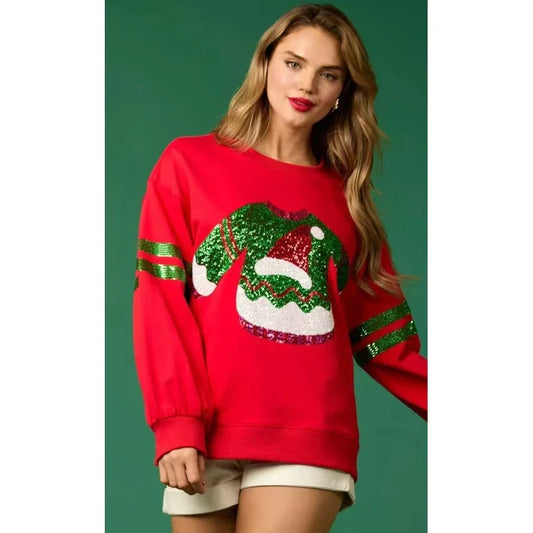 Glitter Patchwork Vintage Harajuku Slim Long Sleeve Christmas Hoodie Red / S Hoodies-L