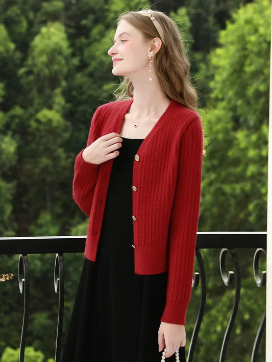 French V-Neck Long Sleeve Red Cardigan / M Cardigan-241208
