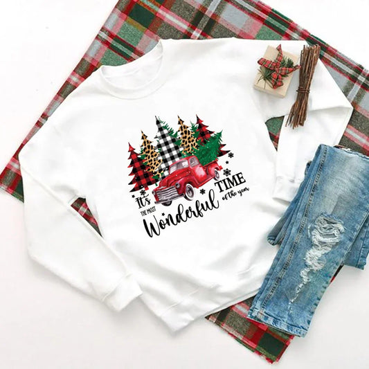 Wonderful Time Printed Party Holiday Sweater Xmas Outfit Christmas Hoodie White / S Hoodies-L