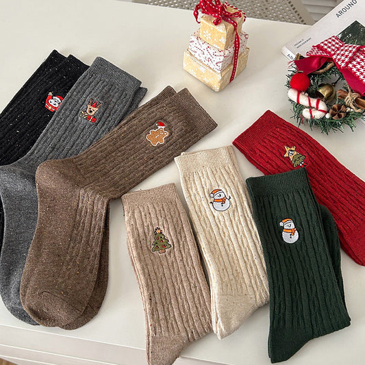 Cable Embroidered Mid Calf Christmas Socks
