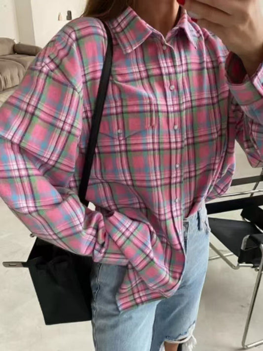 Plaid Collared Long Sleeve Blouse