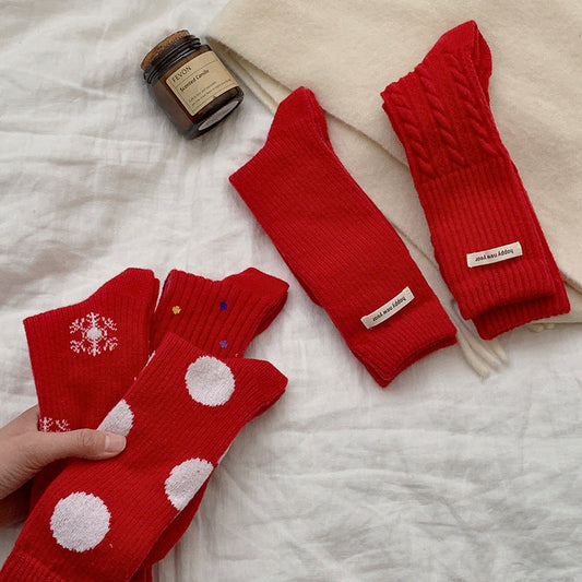 Red Polka Dot Snowflake Fluffy Slouch Christmas Socks