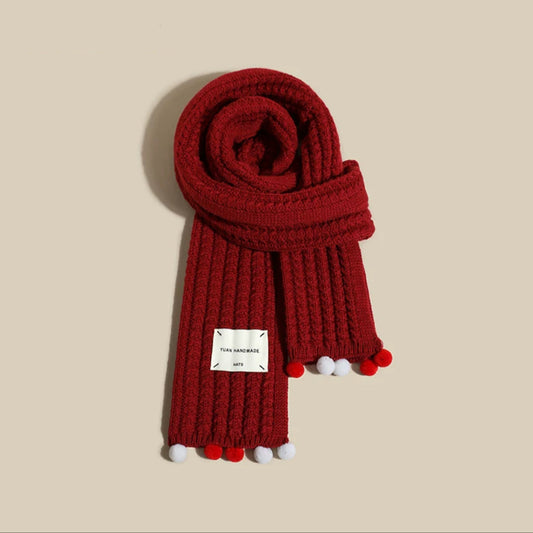Solid Pompom Knit Christmas Scarf
