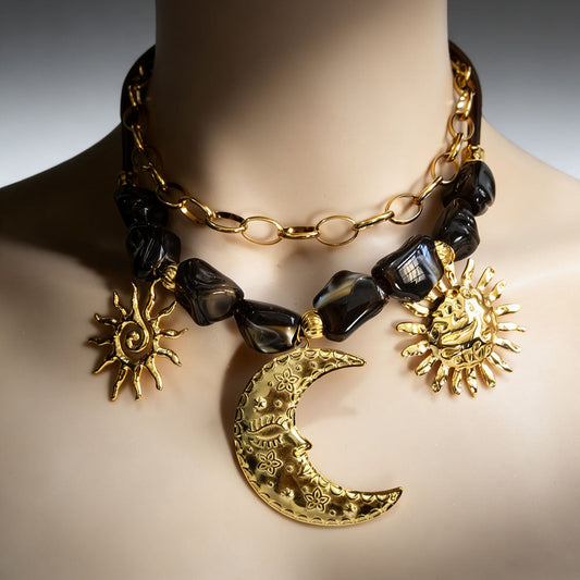 Sun Moon Stainless Steel Resin Beaded NeckLace