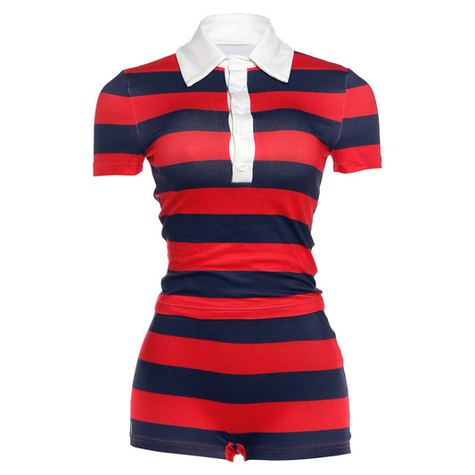 Striped Short Pant Collar Two Piece Set