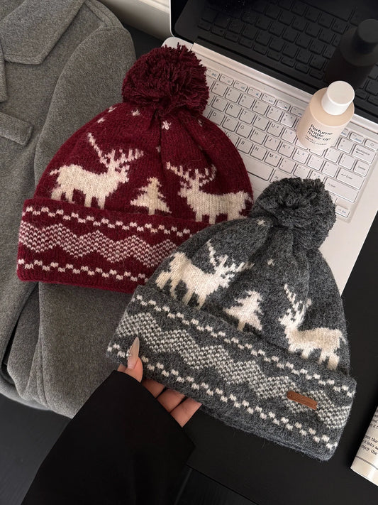 Vintage Reindeer Jacquard Beanie Christmas Hat