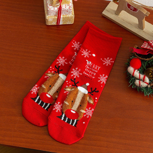 Cartoon Moose Santa Mid-Calf Crew Straight Christmas Socks