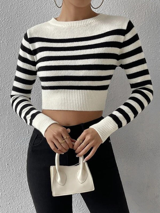 Striped Cropped Crewneck Sexy Knit Sweater