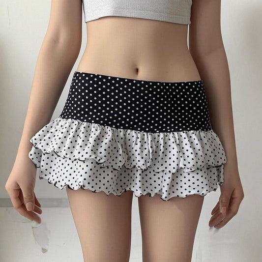 Polka Dot Patchwork Color Block Cute Tiered Slim Mini Skirt