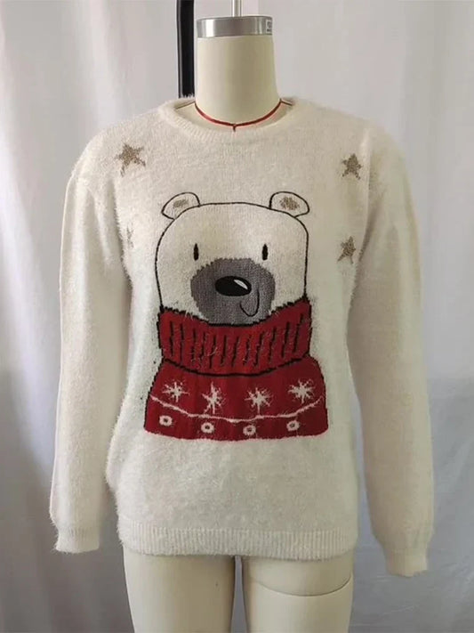 Ugly Christmas Cartoon Bear Embroidery Holiday Autumn Winter Sweater Sweaters-L