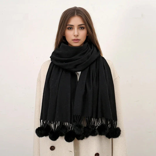 Rabbit Fur Ball Cashmere Pompom Oversize Blanket Scarf For Women Scarfs-L