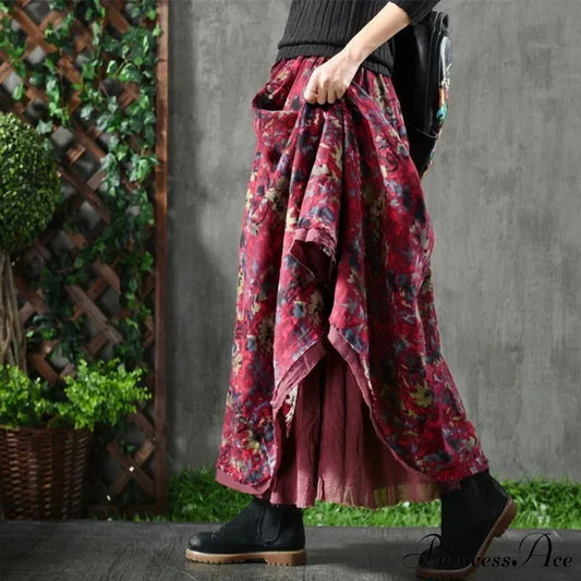A-Line Folded Fall Floral Long Skirt with Pockets skirt-250126