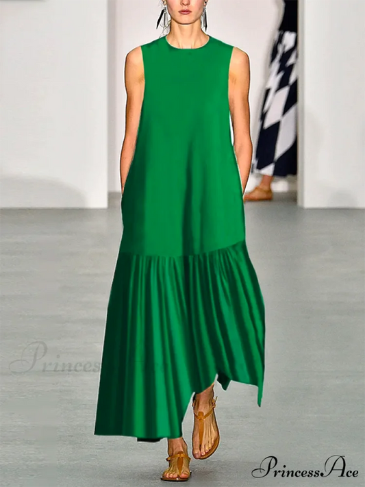 A-Line Long Sleeves Pleated Solid Classic Color Lapel Collar Midi Dresses GREEN / S