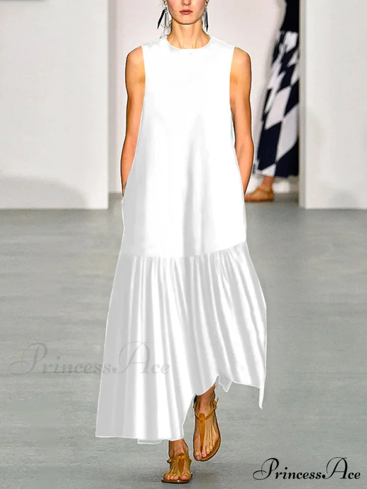 A-Line Long Sleeves Pleated Solid Classic Color Lapel Collar Midi Dresses WHITE / S