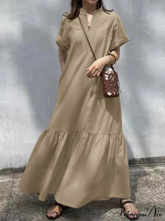 A-Line Loose Solid Color Modern Split-Joint Round-Neck Maxi Dresses KHAKI / S