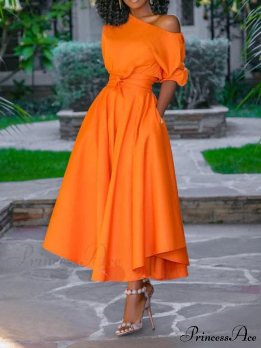 A Line Pleated Orange Elegant Dress Orange / S