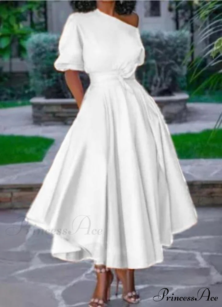 A Line Pleated Orange Elegant Dress white / S
