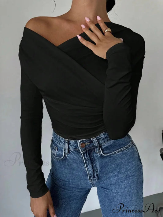 A-line Shoulder Long Sleeve Slim Knitted Top Women black / XS knittop-250126