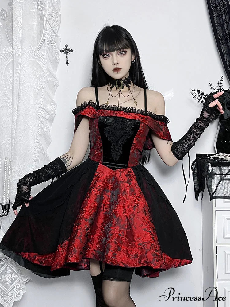 A-Line Vintage Off Shoulder Lace Trim Floral Medieval Steampunk Halloween Dress