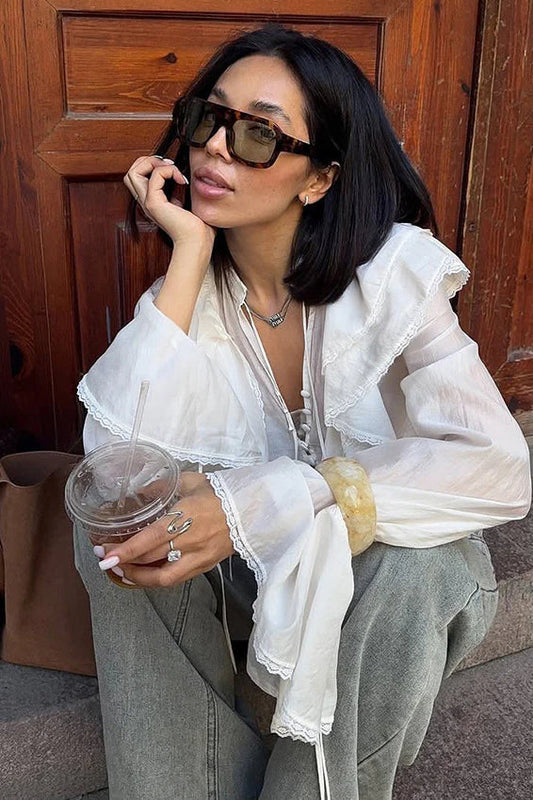 V-Neck Tie Lace Trim Blouse