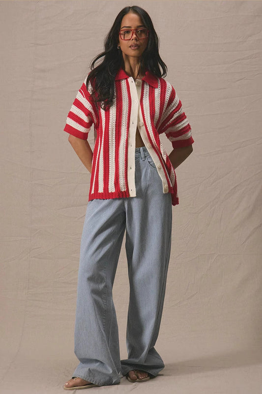 Colorblock Striped Folded Collar Knit Cardigan