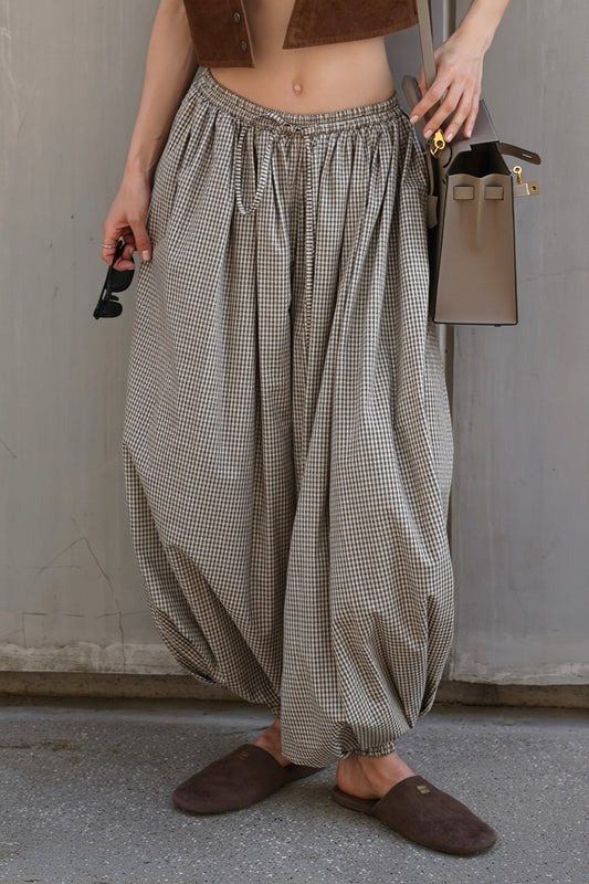Brown Plaid Elastic Waist Balloon Pants