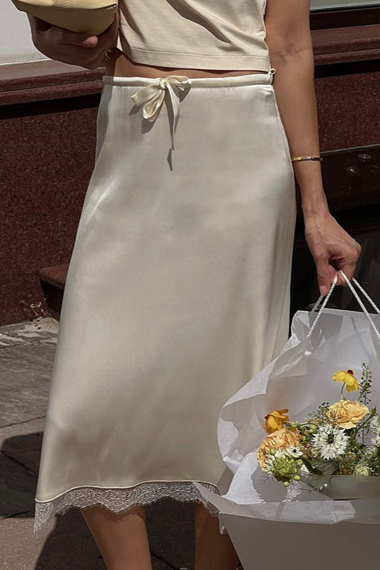 Tie Waist Lace Trim Midi Skirt