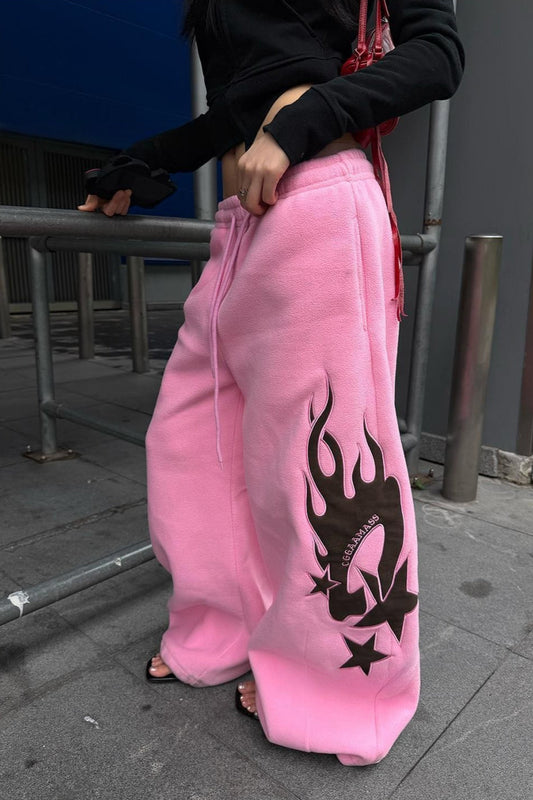 Thickened Flame Print Drawstring Wide-Leg Pants