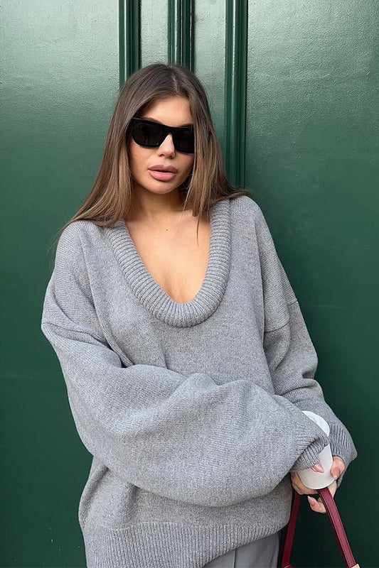 3D V Neck Paneled Oversized Solid Sweater